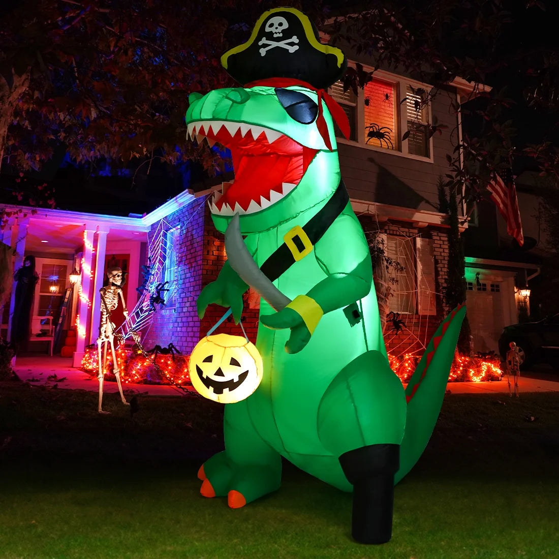 7FT Outdoor Halloween Decorations Halloween Dinosaur Inflatable, Halloween Inflatables Blow up Dinosaur, Green Pirate Dino Halloween Decorations Dinosaur Halloween Inflatable for Holiday/Party
