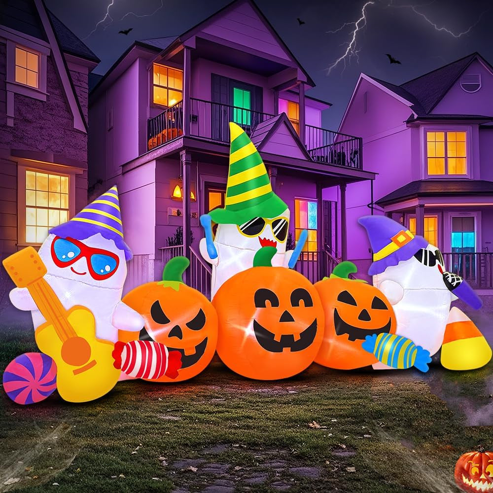 KOOY 8FT Halloween Inflatable Ghost and Pumpkin Yard Decoration with LED Lights