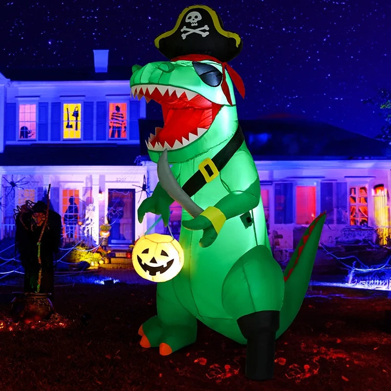 7FT Outdoor Halloween Decorations Halloween Dinosaur Inflatable, Halloween Inflatables Blow up Dinosaur, Green Pirate Dino Halloween Decorations Dinosaur Halloween Inflatable for Holiday/Party