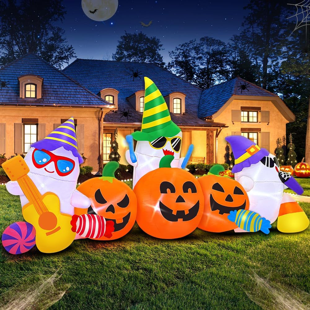 KOOY 8FT Halloween Inflatable Ghost and Pumpkin Yard Decoration with LED Lights