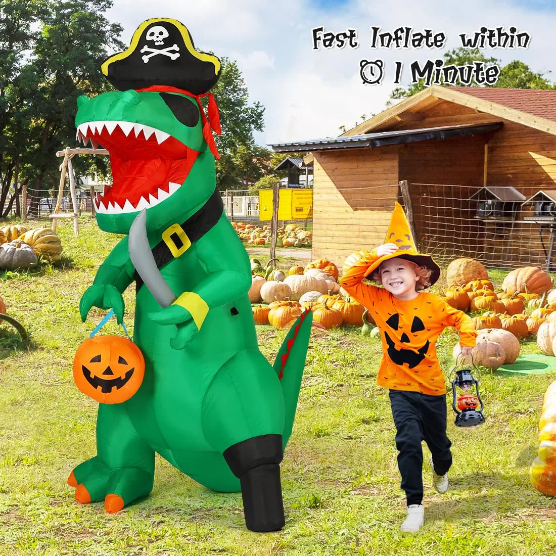 7FT Outdoor Halloween Decorations Halloween Dinosaur Inflatable, Halloween Inflatables Blow up Dinosaur, Green Pirate Dino Halloween Decorations Dinosaur Halloween Inflatable for Holiday/Party