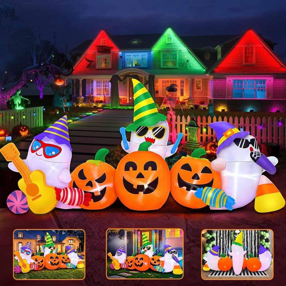 KOOY 8FT Halloween Inflatable Ghost and Pumpkin Yard Decoration with LED Lights