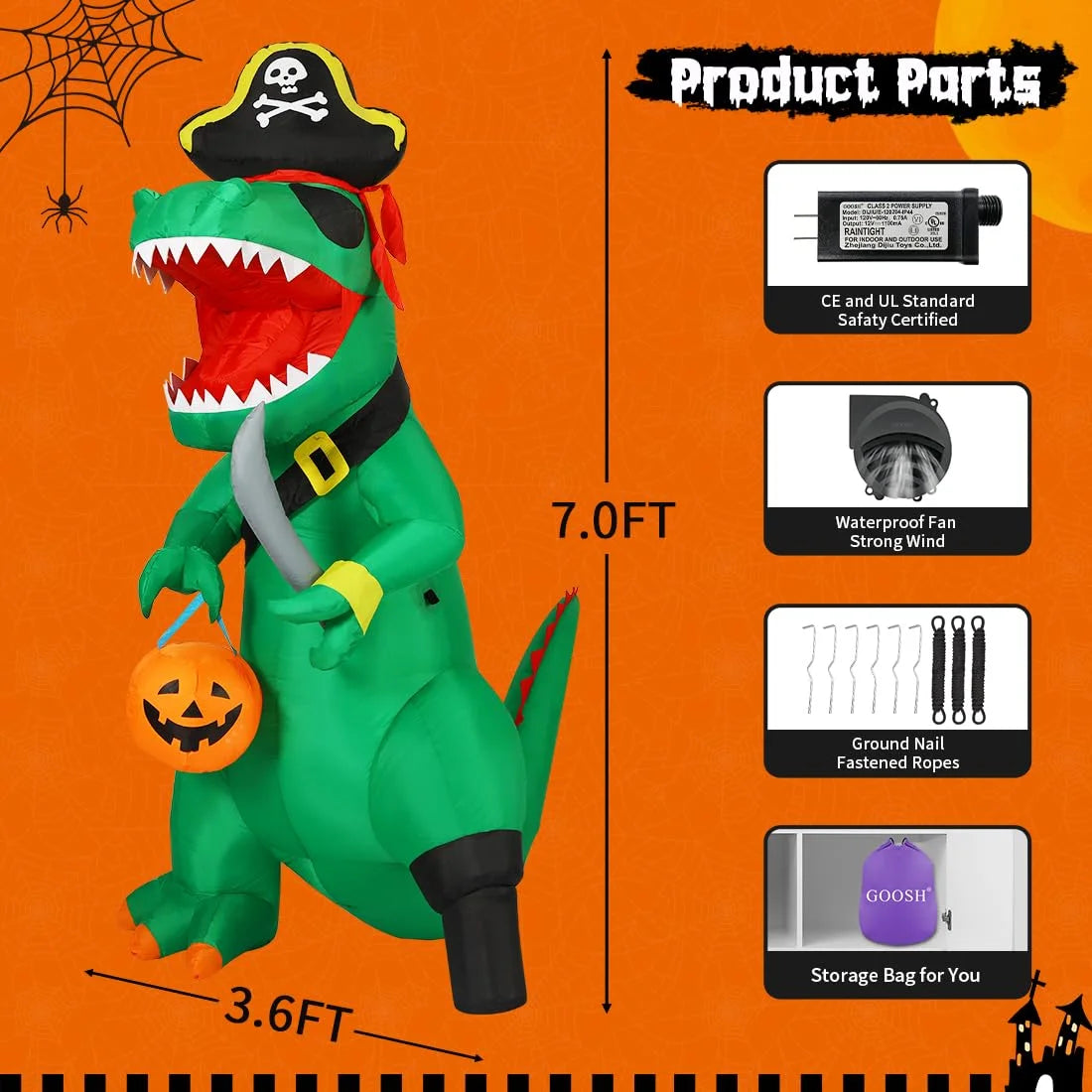 7FT Outdoor Halloween Decorations Halloween Dinosaur Inflatable, Halloween Inflatables Blow up Dinosaur, Green Pirate Dino Halloween Decorations Dinosaur Halloween Inflatable for Holiday/Party