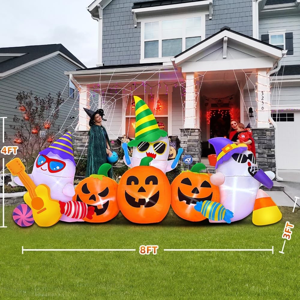 KOOY 8FT Halloween Inflatable Ghost and Pumpkin Yard Decoration with LED Lights