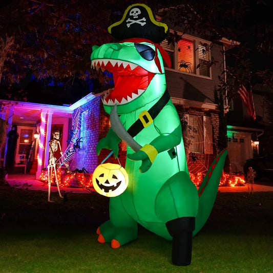 7FT Outdoor Halloween Decorations Halloween Dinosaur Inflatable, Halloween Inflatables Blow up Dinosaur, Green Pirate Dino Halloween Decorations Dinosaur Halloween Inflatable for Holiday/Party