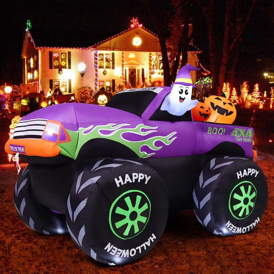 Halloween Inflatables 8 FT Long Monster Truck Inflatable Ghost Pumpkin on Truck with Built-In Leds