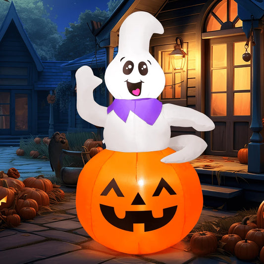 Halloween Inflatable 5 FT Pumpkin Ghost Inflatable, Cute Ghost Pumpkin Inflatable Halloween Blow up Decorations with LED Lights, Outdoor Halloween Decorations Clearance for Halloween/Holiday