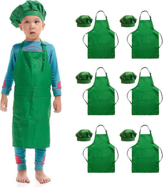6 Pack Adjustable Kids Apron and Chef Hat for Cooking Baking Painting Art, Kids Apron for Girl Boy with 2 Pockets