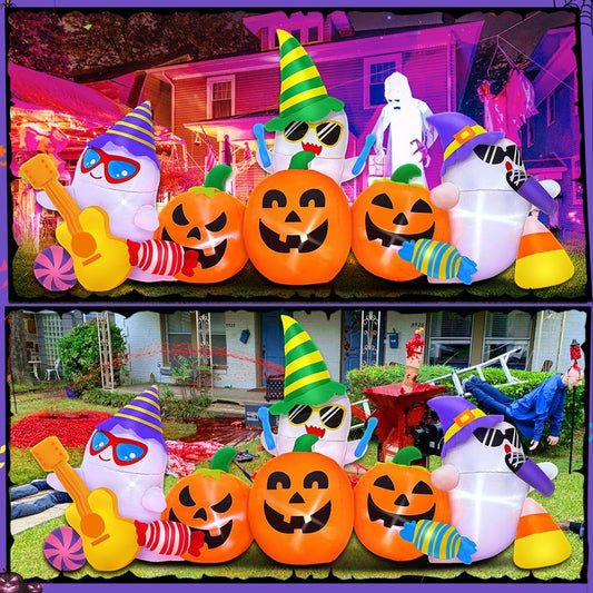 KOOY 8FT Halloween Inflatable Ghost and Pumpkin Yard Decoration with LED Lights