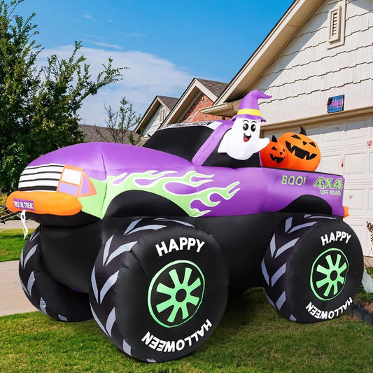 Halloween Inflatables 8 FT Long Monster Truck Inflatable Ghost Pumpkin on Truck with Built-In Leds